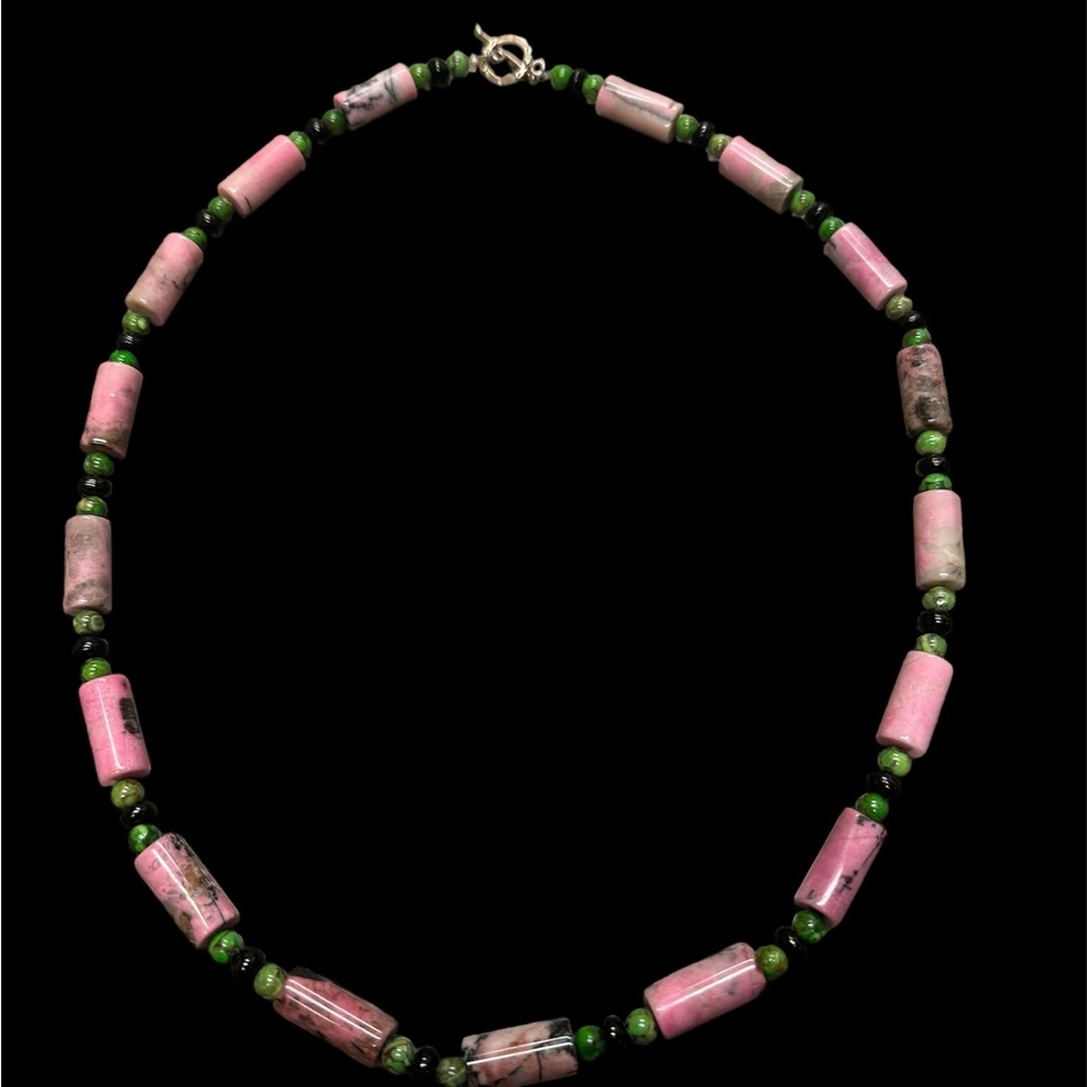 Pink Rhodonite and Green Jasper 925 silver clasp artisan necklace